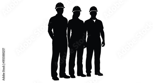 Three construction workers stand side by side depicted as a striking black shape against a white background silhouette high quality professional