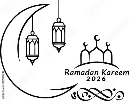 Generative AI Ramadan Kareem 2026 line art with lanterns and mosque
