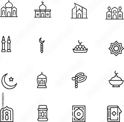 Generative AI Islamic and Ramadan line icons set with Quran and Mosque