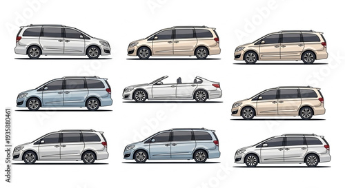 Collection of Diverse Minivans and Cars in Various Colors.