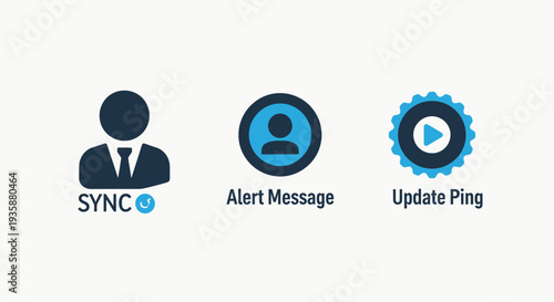 Digital User Profile and Software Update Notification Icons with Sync and Alert Status Symbols