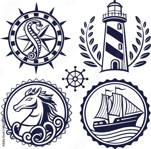 Generative AI nautical maritime vintage emblems with ship, lighthouse and seahorse