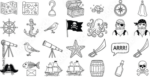 Pirate Adventure Icon Set Vector Illustration, Treasure Map, Ship, Skull, Anchor, Sword Nautical Sea Elements Hand Drawn Collection