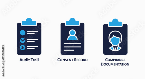 Corporate Compliance and Audit Trail Icons Set with Consent Record and Documentation Symbols