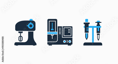 Scientific Laboratory and Industrial Equipment Icons Featuring Mixer Machine and Pipette Set