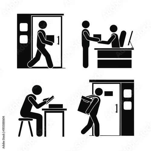 Illustration of a person going through various stages of a job application process isolated on white background, Vector
