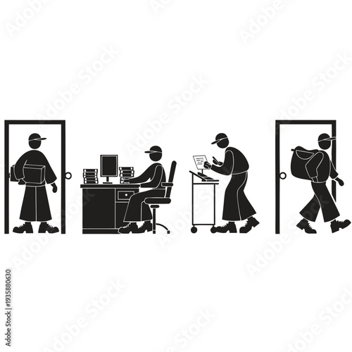 A series of silhouettes illustrating the daily routine of a person working from home isolated on white background, Vector