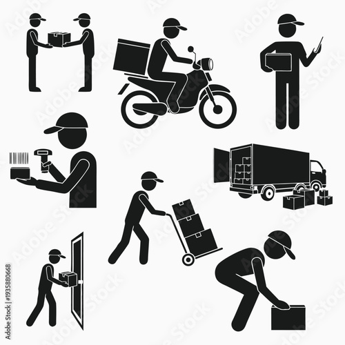 Various delivery and logistics scenarios depicted in a set of icons isolated on white background, Vector