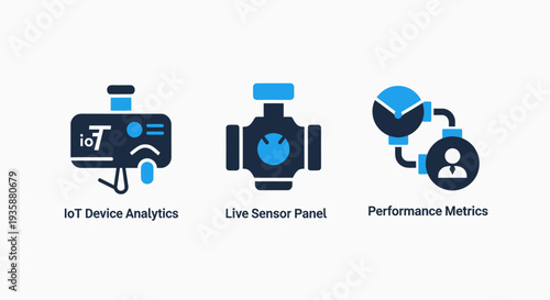 Industrial IoT device analytics and live sensor panel performance metrics icon set for smart monitoring systems.