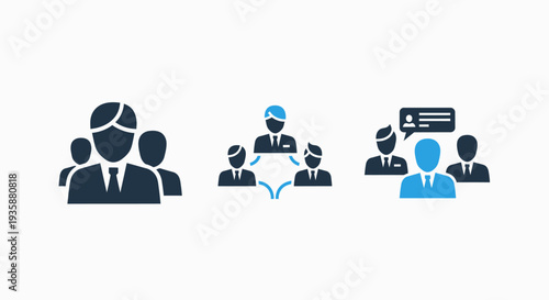 Business Teamwork and Organizational Hierarchy Icons Representing Leadership and Group Communication