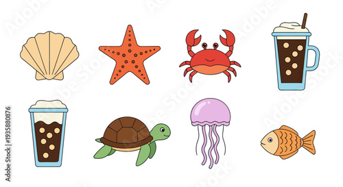 Ocean creatures and drinks vector illustration