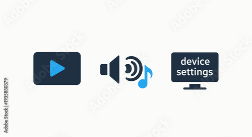Multimedia and Device Configuration Icon Set with Video Playback Audio Settings and Monitor Display
