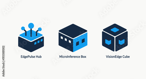 Industrial Edge Computing Hardware Icons Featuring EdgePulse Hub MicroInference Box and VisionEdge Cube for IoT Infrastructure