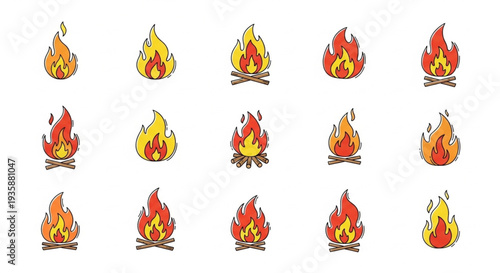 Collection of cartoon campfire icons and illustrations.