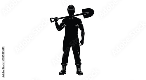 A muscular worker carries a shovel over his shoulder depicted as a striking black silhouette high quality professional detailed