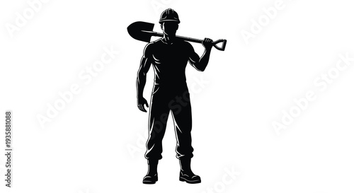 A striking black silhouette depicts a muscular worker carrying a shovel over his shoulder showcasing manual labor silhouette