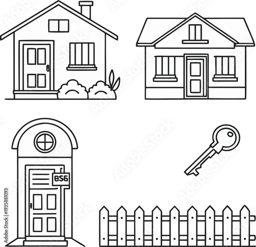 House Line Art Vector Set, AI Generated, Home Exterior Outline Illustration with Door, Window, Fence and Key, Black and White Minimal Architecture Design
