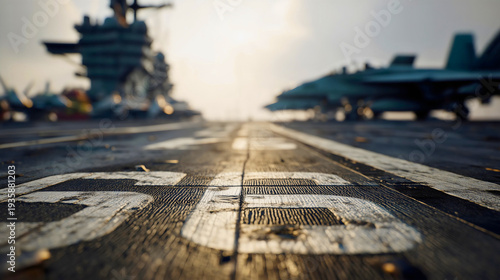 Aircraft carrier runway, blurred fighter planes and control tower on deck, naval defense and military aviation background, warm sunset light.
