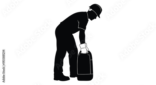 A stark black silhouette depicts a worker bending to lift a large dark container emphasizing form silhouette high quality