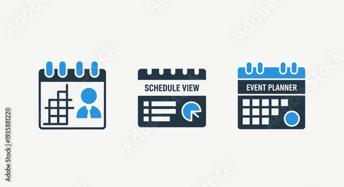 Event planning and schedule management icons featuring calendars with charts, project timelines, and task organizers for business administration