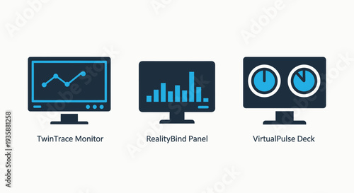 Digital Analytics Monitoring Icons with TwinTrace Monitor RealityBind Panel and VirtualPulse Deck Dashboard Interface
