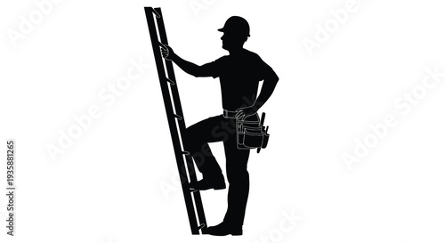 A construction worker is ascending a ladder carrying tools depicted in a striking black silhouette high quality professional detailed
