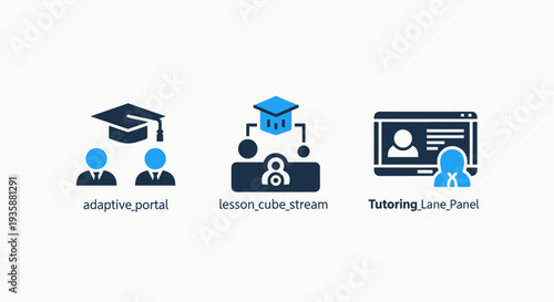 E-learning and Education Technology Icons for Adaptive Student Portal Lesson Cube Stream and Online Tutoring Panels