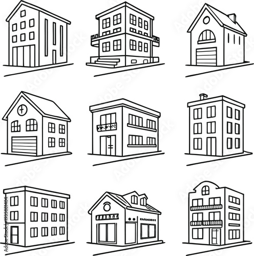 AI Generated Building Line Icons Set – Residential and Commercial Architecture Outline Vector Collection