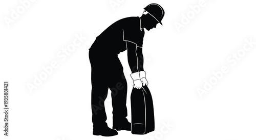 A stark black silhouette depicts a worker bending over and interacting with a large container emphasizing form high quality