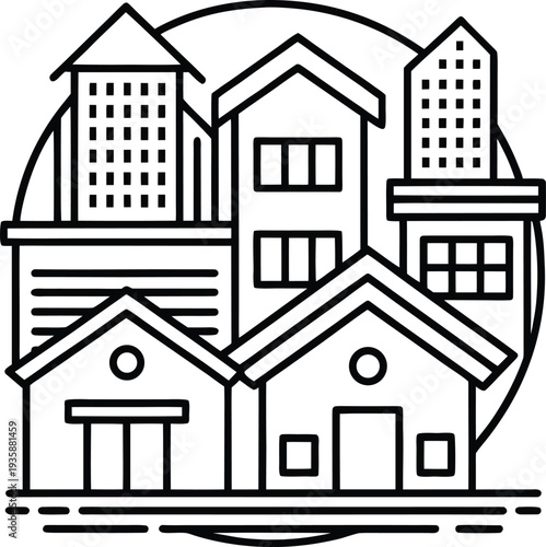 AI Generated Real Estate and Urban Houses Line Icon Illustration – Residential Homes and City Buildings Outline Vector
