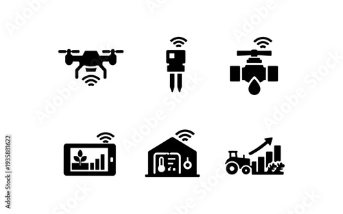 Smart farming technology icons: drone, sensor, irrigation, tablet, greenhouse, tractor