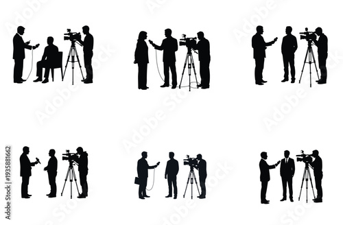 News Reporters and Cameramen Silhouette Vector Illustration Set