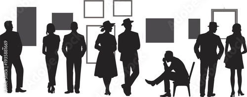 Art gallery visitors silhouettes set with people viewing paintings and exhibits, museum audience vector illustration collection for culture, exhibition and creative design