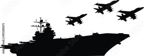 Aircraft carrier warship silhouette with fighter jets flying overhead, naval military fleet power concept isolated on white background