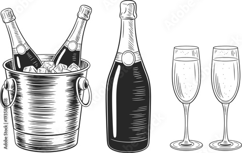 Champagne bottle and glasses vintage engraving illustration, sparkling wine in ice bucket, celebration drink set, elegant party beverage vector drawing