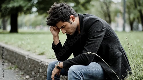 Young man sitting on a stone wall in a park looking sad and depressed.