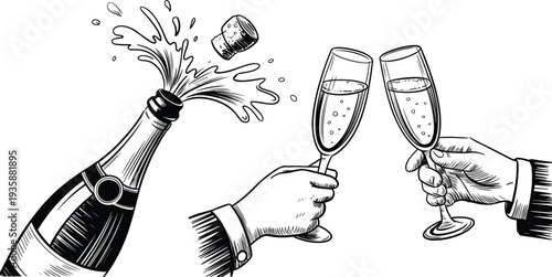 Champagne bottle popping with sparkling wine glasses toast, celebration party concept, vintage engraving style drink illustration, festive beverage vector drawing