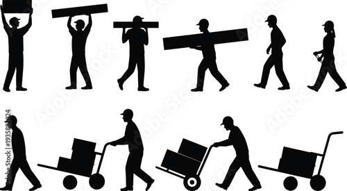 Construction workers carrying materials silhouette set, builders transporting wooden boards and pushing hand trucks, industrial labor and warehouse work vector illustration