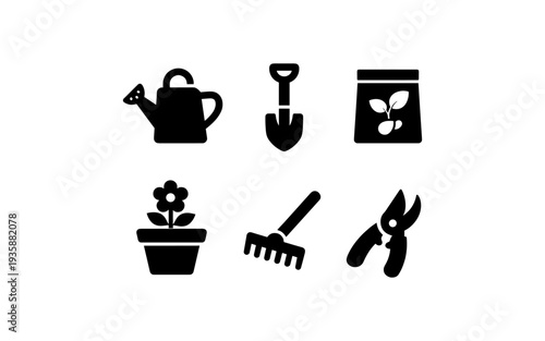 Collection of gardening tools and supplies icons for planting and cultivation