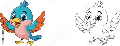 Cute cartoon bird character with coloring page outline, happy flying bird mascot illustration for kids coloring book, educational activity and children design
