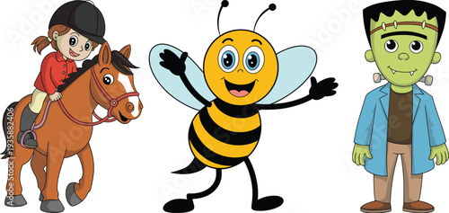 Cute cartoon characters set with horse rider girl, friendly bee mascot and funny Frankenstein monster, kids cartoon illustration collection