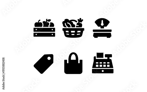 Collection of grocery shopping icons including a crate of apples, basket of vegetables, scale, tag, bag, and cash register