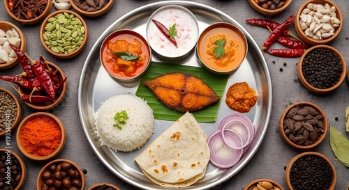Traditional south indian fish thali meal with rice, roti, curry, yogurt raita, and various spices on a rustic background