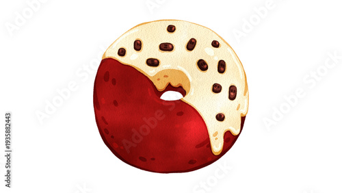 Artistic Chocolate Dipped Red Velvet Donut Illustration with Sprinkles Isolated on White Background