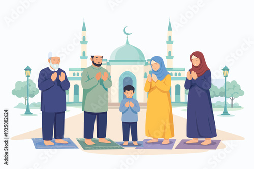 Muslim people praying together near mosque, illustration representing faith and spirituality.
