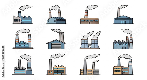 Collection of Industrial Factory Buildings with Smoke Stacks.