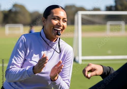 Enthusiastic Female Coach or Referee Smiling and Cheering on a Sunny Soccer Field