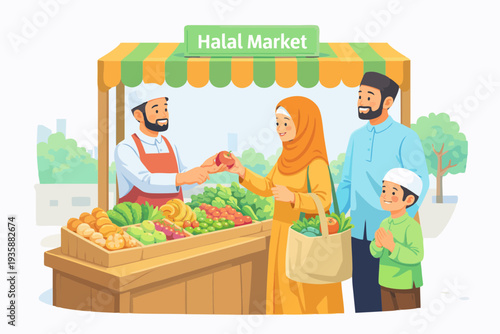 Halal market scene with Muslim vendors and customers buying fresh vegetables and food.
