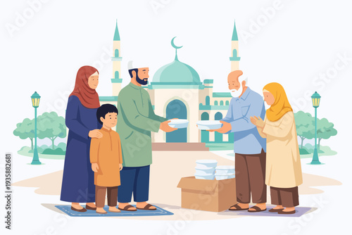 Muslim community gathering near mosque sharing food and kindness during Ramadan.