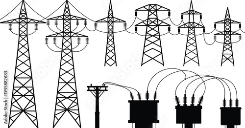 Electric power transmission towers and transformer silhouettes, high voltage electricity pylons and power grid equipment, energy infrastructure vector illustration set